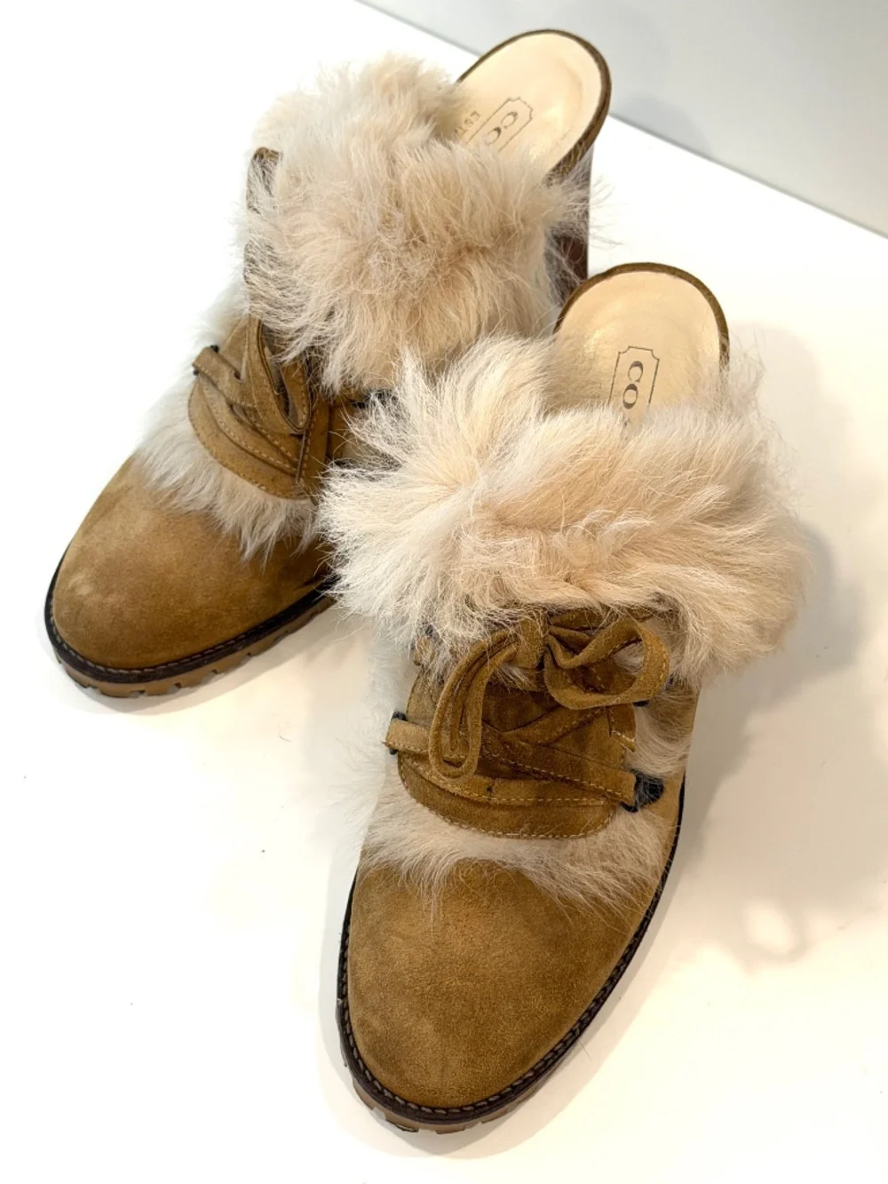 COACH Kristy Suede & Faux Fur Heeled Mules Tan / Chestnut Brown